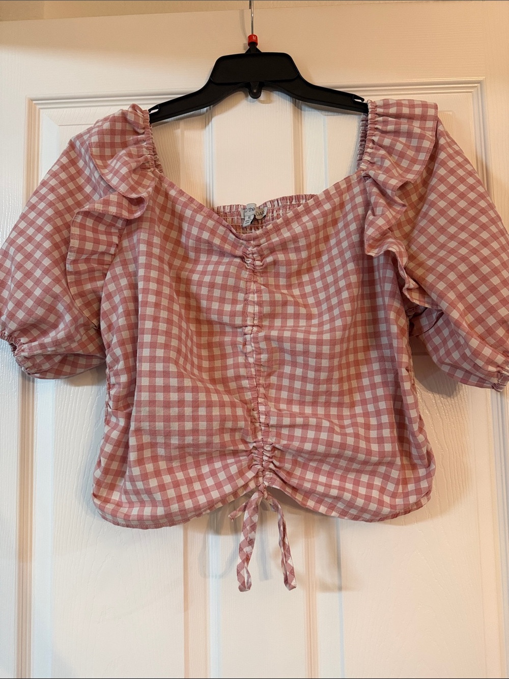 Gingham Drawstring Puff Sleeve Crop Top - Pink